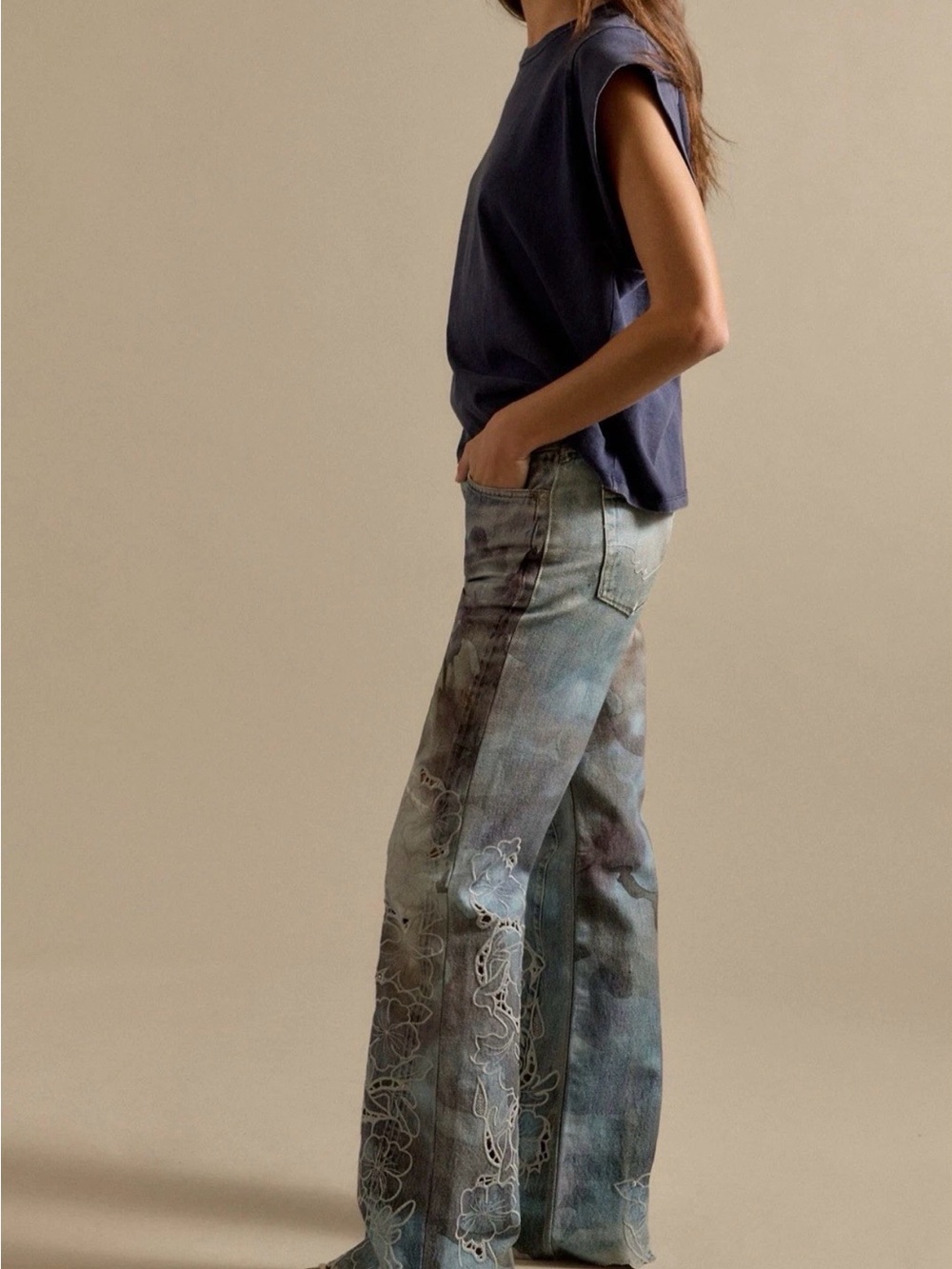Free People West Coast Illusions Cutwork Jeans We The Free Embroider Watercolor - Picture 5 of 8